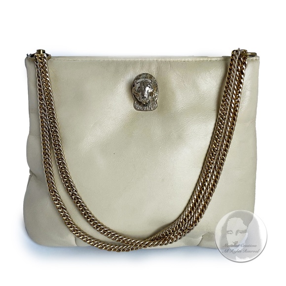 Vintage Ruth Saltz Shoulder Bag Retro 80s Eggshell Leather with Cougar Head - Picture 1 of 9